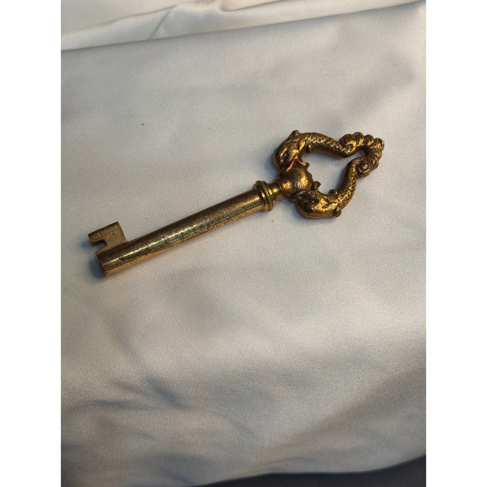 Antique Phonograph Skeleton Cabinet Key Double Brass Dolphin Serpent 3 Inch - Picture 2 of 4
